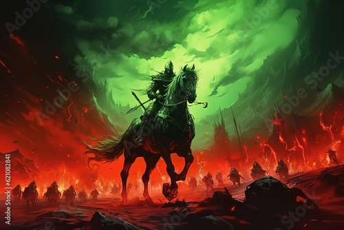 Death on horseback leads an army of the dead to war. Green fire illuminates the sky, generative ai 