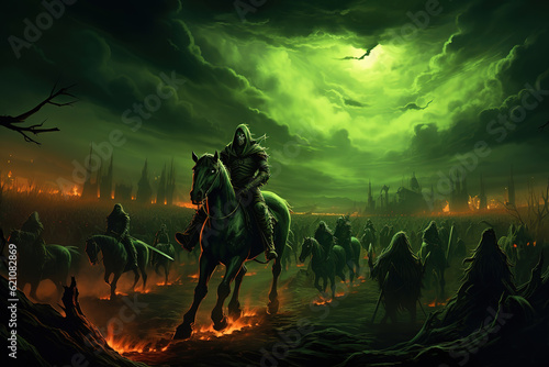 Death on horseback leads an army of the dead to war. Green fire illuminates the sky, generative ai 