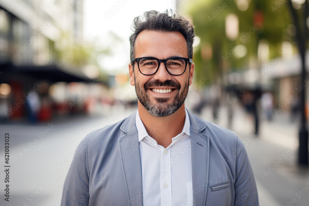 Portrait of happy mature man wearing spectacles and looking at camera outdoor. Man with beard and glasses feeling confident. Close up face of hispanic business man smiling, generative AI Portrait of happy mature man wearing spectacles and looking at camera outdoor. Man with beard and glasses feeling confident. Close up face of hispanic business man smiling, generative AI