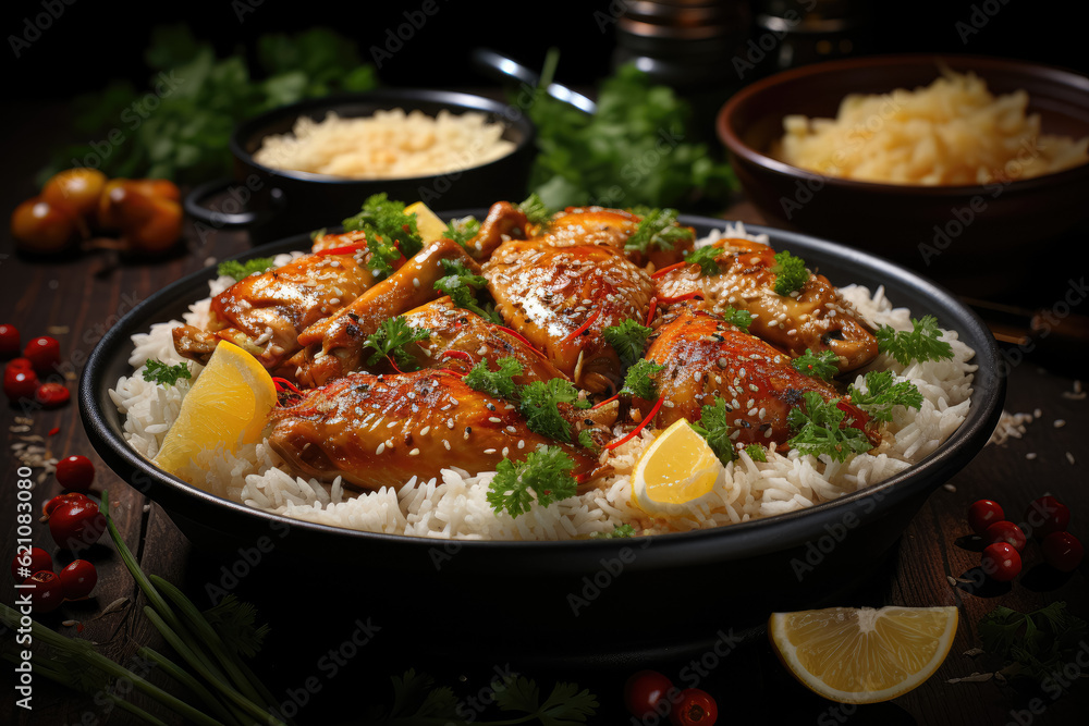 Mouth-watering image of chicken curry, featuring tender chicken in a fragrant and spicy curry sauce, typically served with rice. Generative Ai.