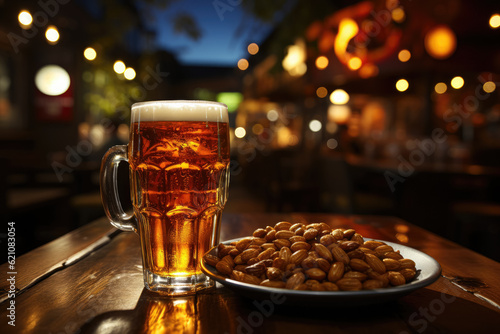 Image of a large beer on a bar counter  accompanied by peanuts  depicting a relaxing and enjoyable moment. Generative Ai.