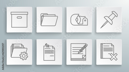 Set line Folder settings with gears, Document folder, Note paper pinned pushbutton, Blank notebook and pencil eraser, Delete file document, Scotch, Push and Carton cardboard box icon. Vector
