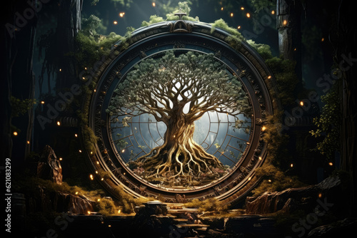 Illustrating the sacred tree of life as an afterlife portal gate leading to divine mystery. Symbolizes esoteric concepts such as old astral soul  karma  and ancient incarnations. Generative Ai.