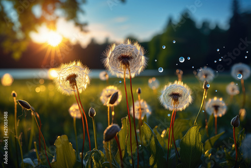 Depicting dandelion weed seeds blowing across a summer garden lawn of green grass  with a bright sunny sunrise background. Generative Ai.