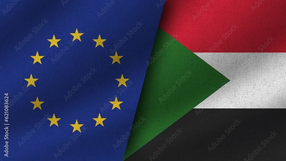 Sudan and European Union Realistic Two Flags Together, 3D Illustration Sudan and European Union Realistic Two Flags Together, 3D Illustration