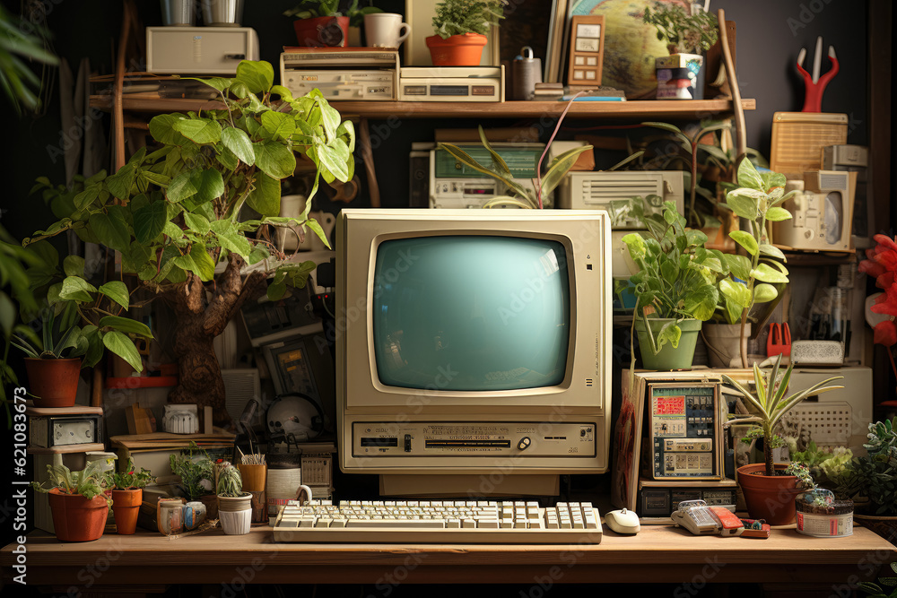 Showcasing a classic 90s beige personal home computer office setup, evoking nostalgia and representing the concept of a home office environment. Generative Ai.