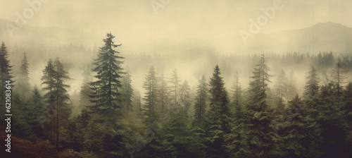 Misty landscape with fir forest in hipster vintage retro style © MUS_GRAPHIC