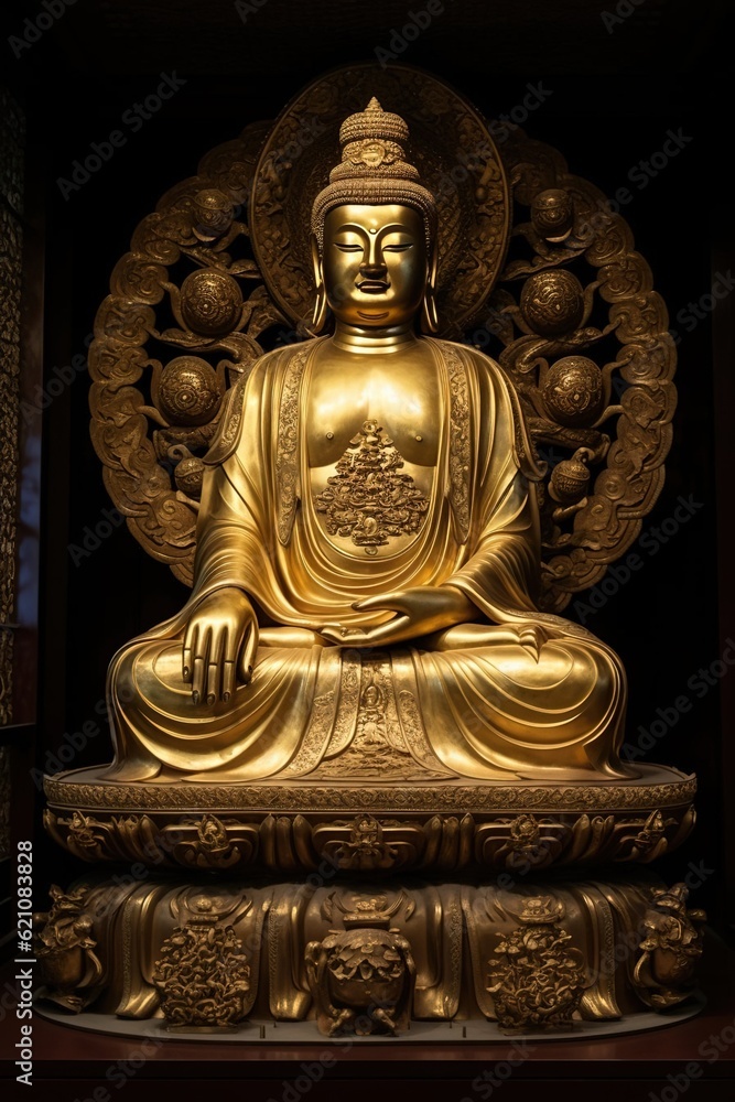 Fototapeta premium Golden Buddha statue in the temple. Created with Generative Ai technology.