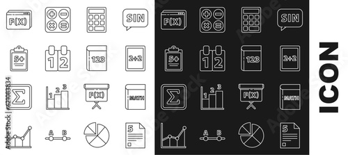 Set line Infinity, Triangle math, Calculation, Mathematics function cosine, Geometric figure Pentagonal prism and Test or exam sheet and pen icon. Vector