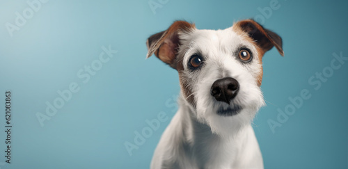 Funny studio portrait of a cute smiling puppy, isolated on a blue background. The new lovely family member is a small Terrier dog. Pet care concept. Ai generetive © missty