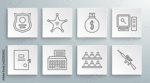 Set line Lawsuit paper, Hexagram sheriff, Retro typewriter, Jurors, Sniper rifle with scope, Money bag, Search computer screen and Police badge icon. Vector
