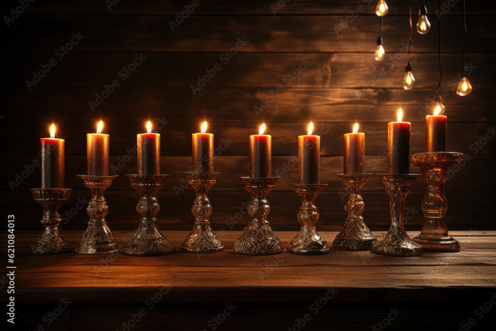 Religion image of an empty wooden table before the Jewish holiday Chanukah with menorahs (traditional candelabras). Suitable for product display. Generative Ai. Religion image of an empty wooden table before the Jewish holiday Chanukah with menorahs (traditional candelabras). Suitable for product display. Generative Ai.