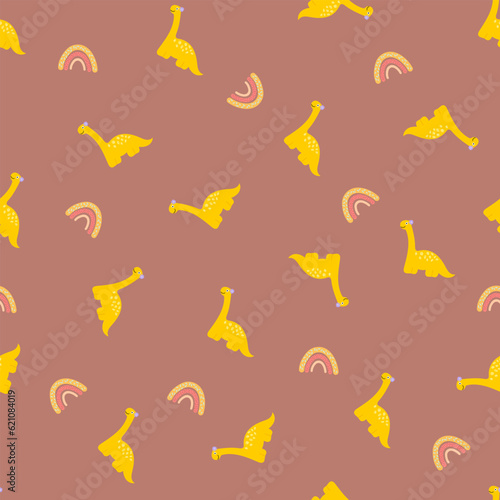 Cute dinosaur girl seamless pattern with rainbow.prehistoric illustration for kids fashion,textile,cloth,dino character in doodle style