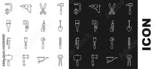 Set line Pincers and pliers, Chisel tool for wood, Shovel, Scissors, Clamp, Paint brush, screw and Stationery knife icon. Vector