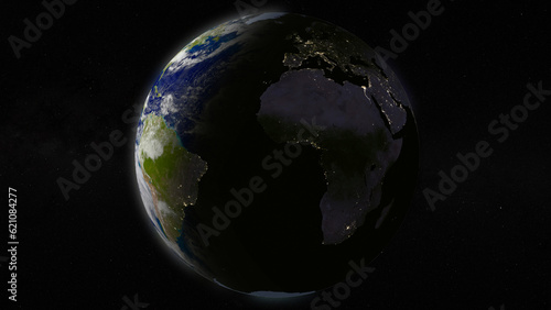 Planet Earth focused on Africa and Europe by night. Illuminated cities on dark side of the Earth. Elements of this image furnished by NASA photo