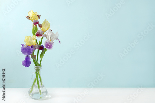Beautiful iris flowers in vase on dark grunge background with place for text, summer banner for advertising, minimal holiday concept with flowers, greeting card for wedding, birthday, mother's day