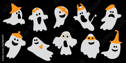 Fototapeta Naklejka Na Ścianę i Meble -  Set of funny Halloween ghosts. Flat vector illustration. Autumn holiday decor element.