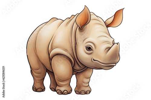 Illustration of cute brown rhino character isolated on transparent png background. Generative AI.