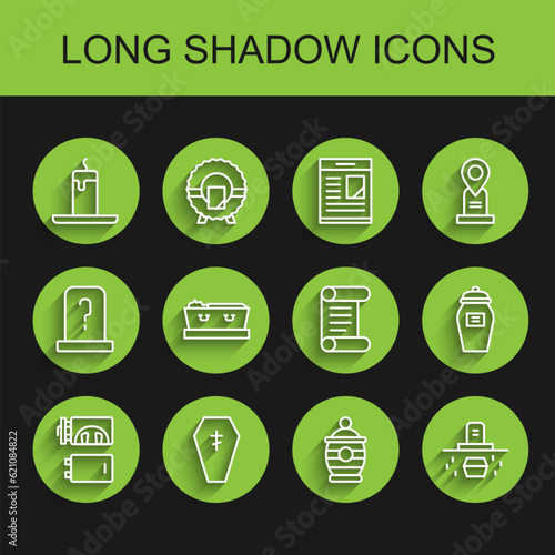 Set line Crematorium, Coffin with cross, Burning candle, Funeral, Grave coffin, dead, and Decree, parchment, scroll icon. Vector