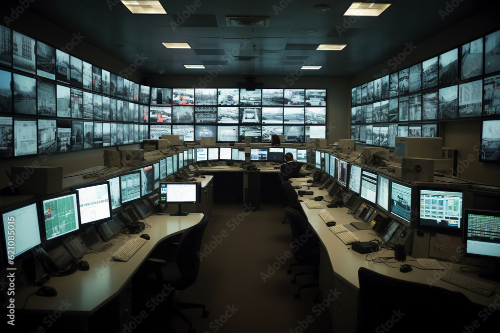 View of a CCTV room showing many monitors broadcasting footage from cameras. Generative AI.