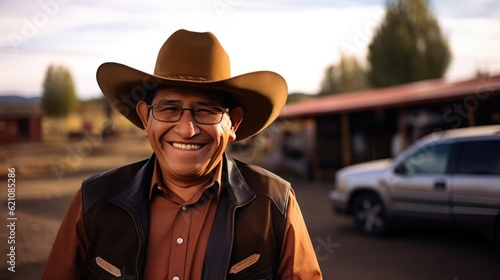 Smiling senior hispanic man wearing a cowboy hat looking at the camera