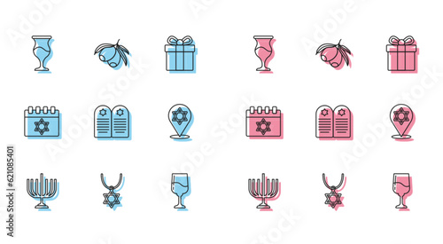 Set line Hanukkah menorah, Star of David necklace on chain, Jewish goblet, Tombstone with star david, calendar and Olives branch icon. Vector