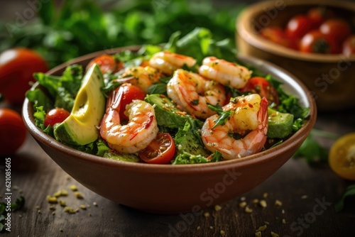 Fresh avocado, mango, shrimp, and olive oil are combined with green lettuce blend, cherry tomatoes, and seasonings in a salad. nourishing cuisine