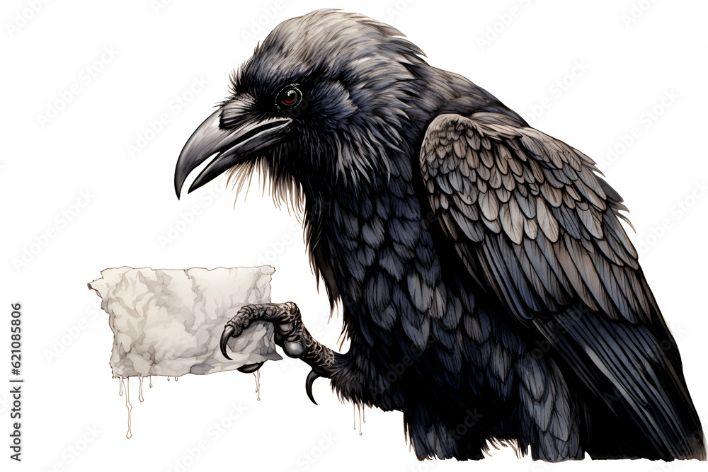 Fototapeta premium raven on a branch on a white background