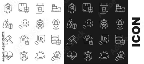 Set line House in hand, Money with shield, Location, Calendar, Hand holding briefcase, and Life insurance icon. Vector