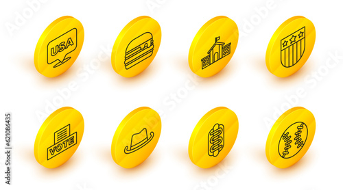 Set line Baseball ball, Hotdog sandwich, Western cowboy hat, Vote box, Shield with stars, United States Capitol Congress, Burger and USA Independence day icon. Vector
