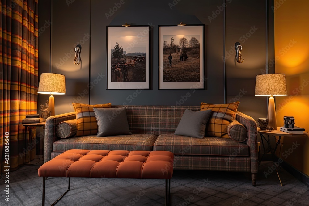 Unwind on the plush couch in the living area that is upholstered in a knit plaid. a buildings interior decoration Unwind on the plush couch in the living area that is upholstered in a knit plaid. a buildings interior decoration