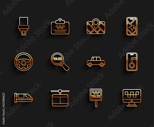 Set line High-speed train, Cable car, Safety belt, Road sign for taxi stand, Computer call service, Magnifying glass, City map navigation and Car icon. Vector