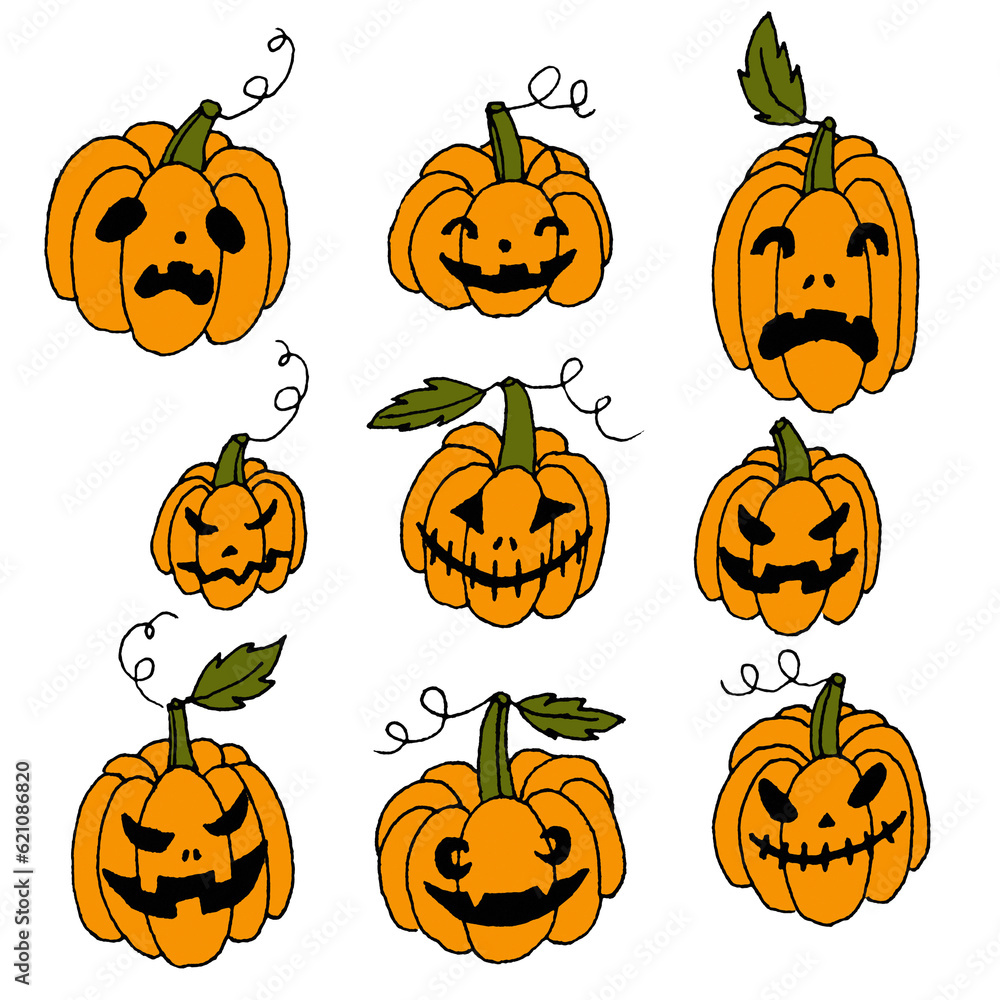 Set of hand drawn line art halloween holiday pumpkins with different shaped, creepy spooky eyes, smiles and leaves isolated on white.Web design elements for print,autumn decor. Set of hand drawn line art halloween holiday pumpkins with different shaped, creepy spooky eyes, smiles and leaves isolated on white.Web design elements for print,autumn decor.