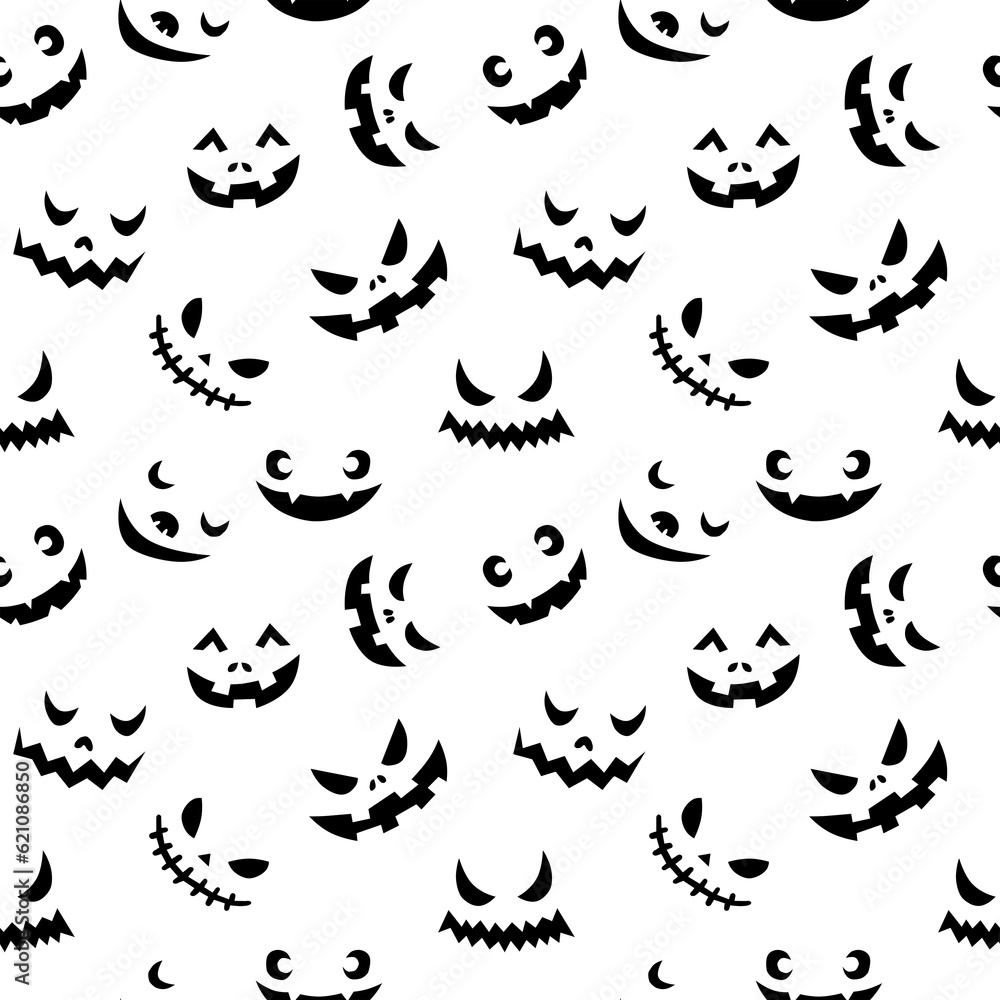 Line art doodle simple seamless pattern with different spooky creepy funny eyes and smiles halloween party backdrop.On white background Line art doodle simple seamless pattern with different spooky creepy funny eyes and smiles halloween party backdrop.On white background
