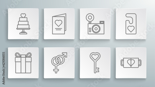 Set line Gift box, Valentines day party flyer with heart, Gender, Key shape, Two coffee cup and, Photo camera, Please do not disturb and Wedding cake icon. Vector