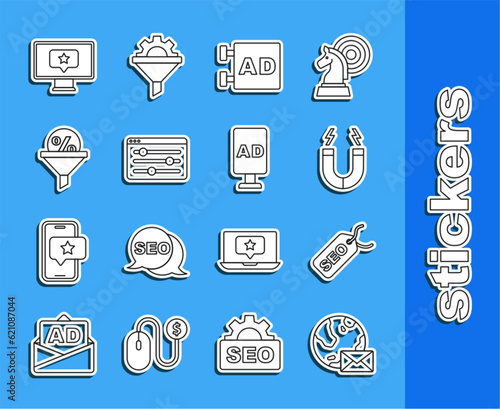 Set line Earth globe with mail, SEO optimization, Magnet, Advertising, Browser setting, Lead management, Monitor star and icon. Vector