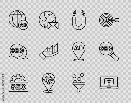 Set line SEO optimization, Laptop with star, Magnet, Target, Advertising, Pie chart infographic, Lead management and icon. Vector