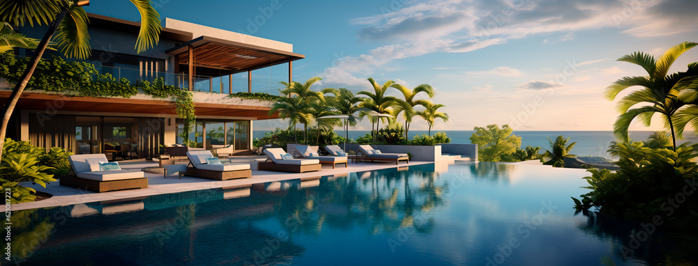 Villa with spetacular swimming pool and sea view in background.