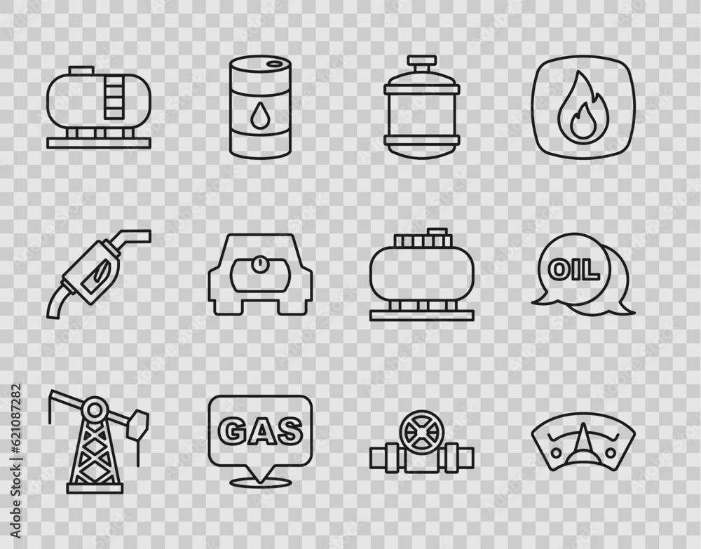 Set line Oil pump or pump jack, Motor gas gauge, Propane tank, Location and station, storage, Gas for vehicle, Metallic pipes valve and Word oil icon. Vector Set line Oil pump or pump jack, Motor gas gauge, Propane tank, Location and station, storage, Gas for vehicle, Metallic pipes valve and Word oil icon. Vector