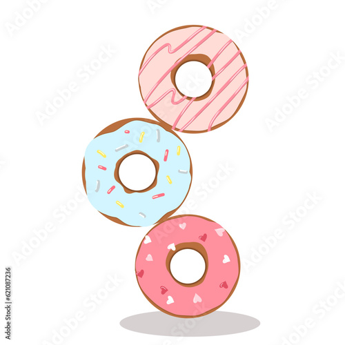 A set of donuts with different coatings and toppings and crumbs. Vector illustration. Hand-drawn.