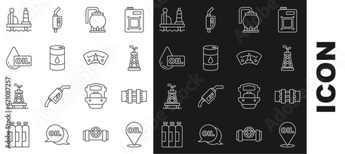 Set line Refill petrol fuel location, Metallic pipes and valve, Oil rig, tank storage, Barrel oil, drop, platform in the sea and Motor gas gauge icon. Vector