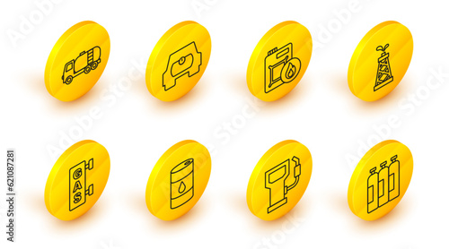 Set line Industrial gas cylinder tank, Petrol or station, Barrel oil, Gas filling, Oil rig, Canister for motor, vehicle and Tanker truck icon. Vector