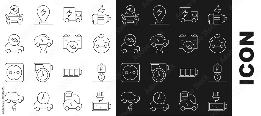 Set line Battery charge, Charging parking electric car, Electric, truck, Eco, and nature leaf battery icon. Vector Set line Battery charge, Charging parking electric car, Electric, truck, Eco, and nature leaf battery icon. Vector