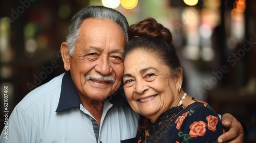 Happy smiling Hispanic senior couple looking at the camera. Generative A