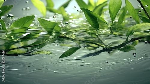 fresh green tea leaves added to water. made using generative AI tools