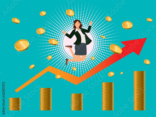金融のイメージのフラットイラスト：お金を儲けて喜ぶ東洋系女性と右肩上がりの矢印とコインのチャート