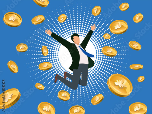 円高、金融のイメージのフラットイラスト：ジャンプする東洋系男性ビジネスマンと爆発する通貨