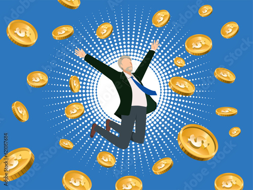 ドル高、金融のイメージのフラットイラスト：ジャンプする白人男性ビジネスマンと爆発する通貨