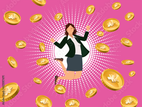 円高、金融のイメージのフラットイラスト：ジャンプする東洋系女性ビジネスマンと爆発する通貨
