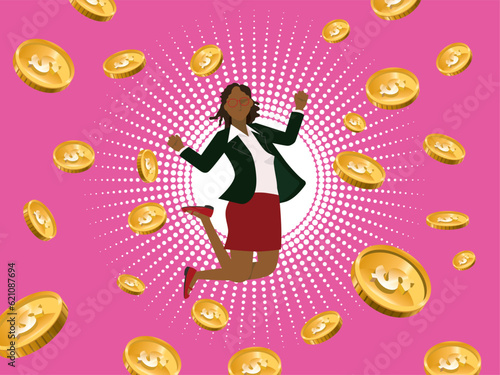 ドル高、金融のイメージのフラットイラスト：ジャンプする黒人女性ビジネスマンと爆発する通貨